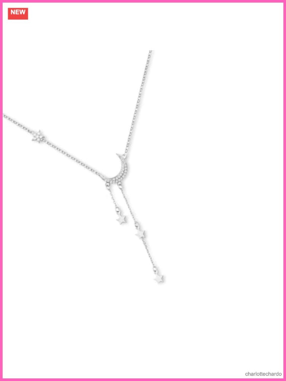 Crescent Moon Star Lariat Necklace Silver Tone Cubic Zirconia Dainty Celestial